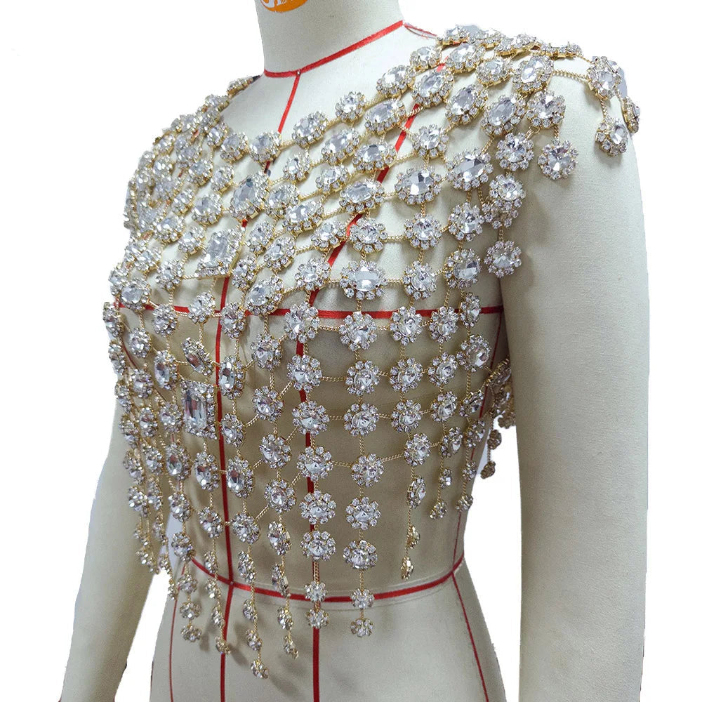Rhinestone Pearl Embellished Body Top | Stage Jewelry Top