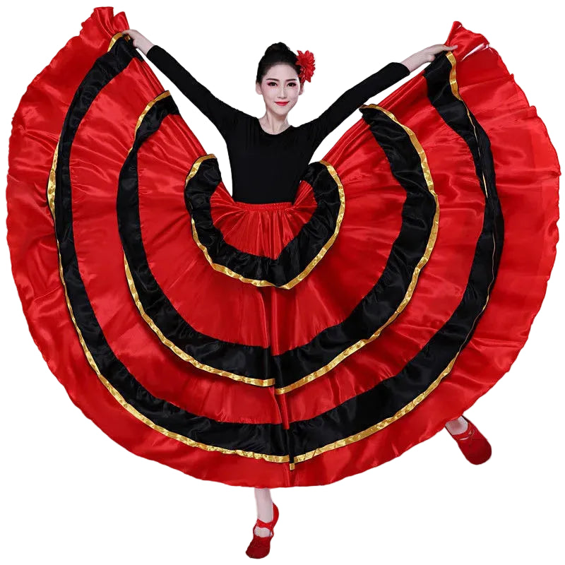 Satin Flamenco Skirt | Gold-Trim Ruffle | 360–720° Swing