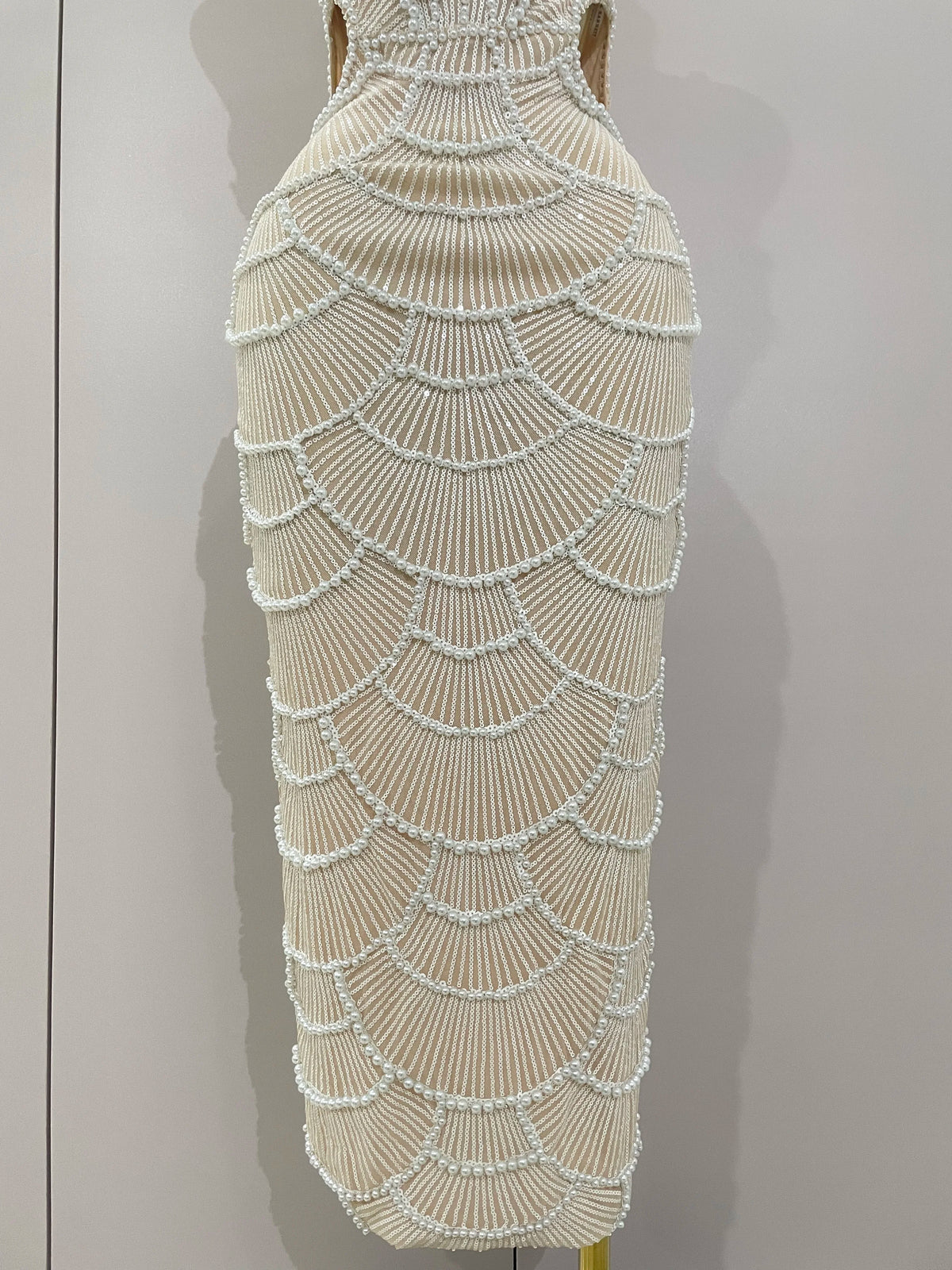 Pearl Beaded Sequin Bodycon Dress | Spaghetti Strap | Stage