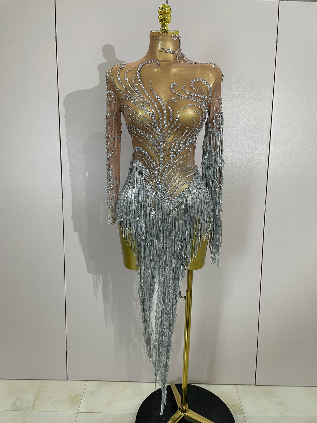 Rhinestone Mesh Tassel Dress | Sleeveless | Singer Stage
