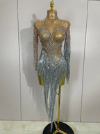 Rhinestone Mesh Tassel Dress | Sleeveless | Singer Stage