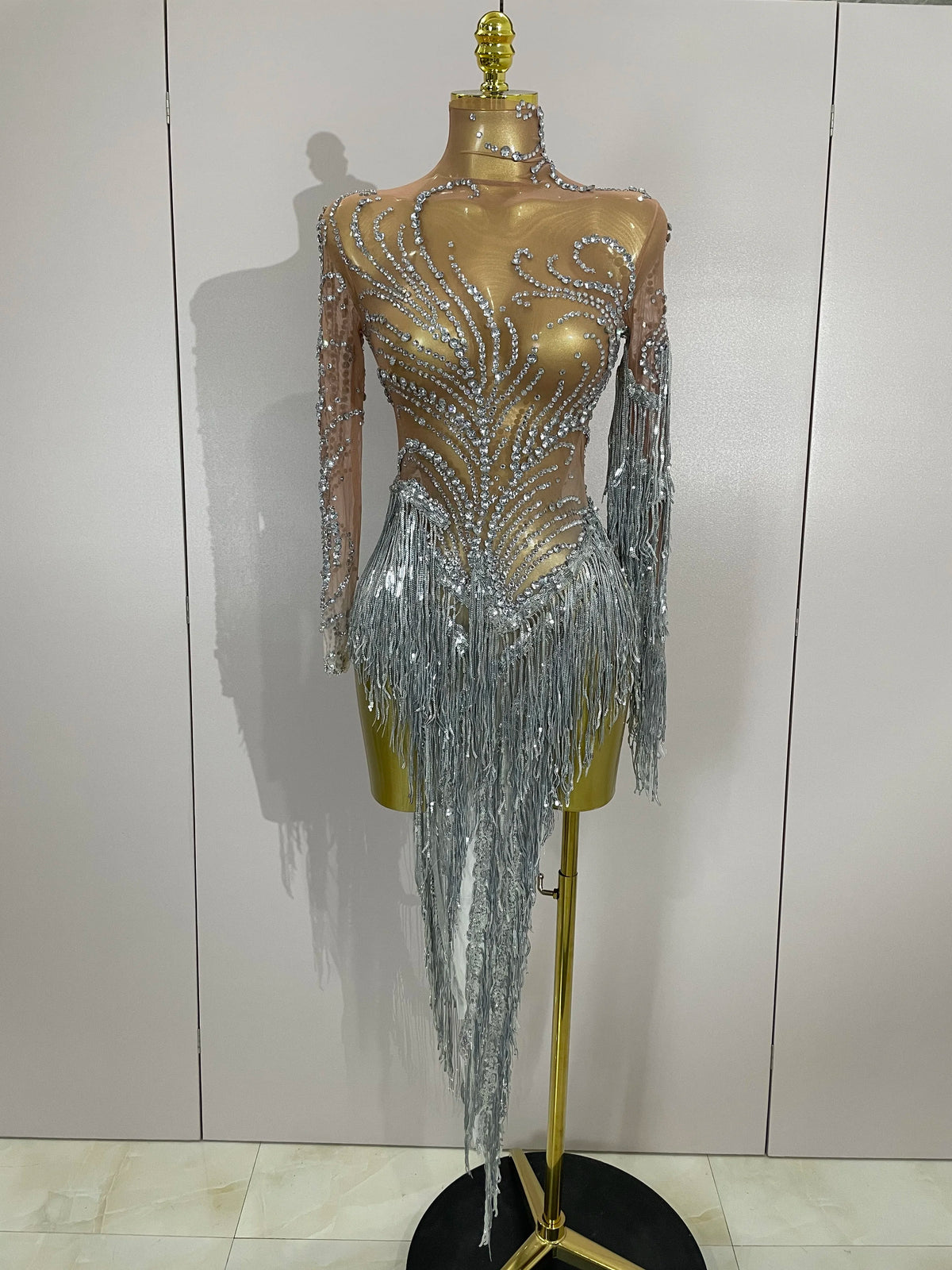 Rhinestone Mesh Tassel Dress | Sleeveless | Singer Stage
