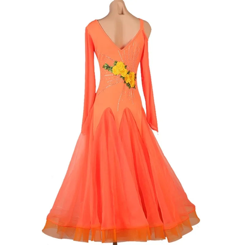 Coral Ballroom Gown | Floral Accent | Long Sleeve | XXS-XXL