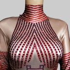Red Fringe Rhinestone Jumpsuit - Long Sleeve Stretch Leotard for Pole Dance & Stage