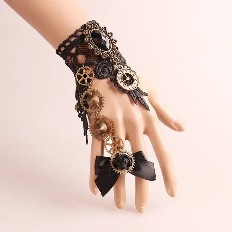Steampunk Gear Bracelet with Finger Ring | Black & Khaki