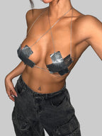 Metallic Sequin Halter Crop Top - Backless Chain Detail
