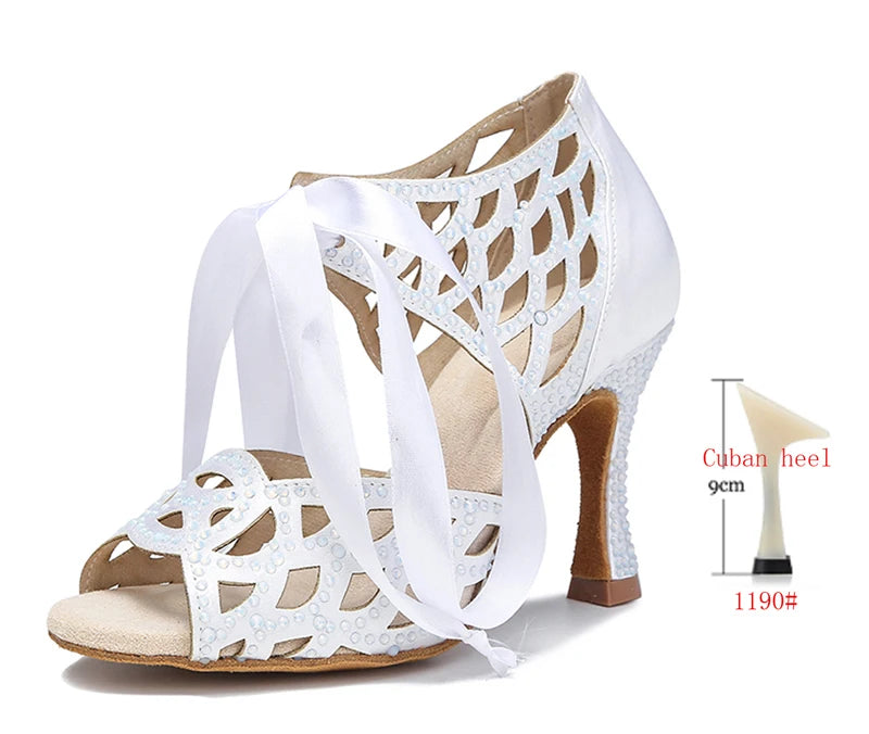 Cut-Out Lace-Up Latin Dance Sandals | Cuban Heel | 6–10cm | White, Black & Nude
