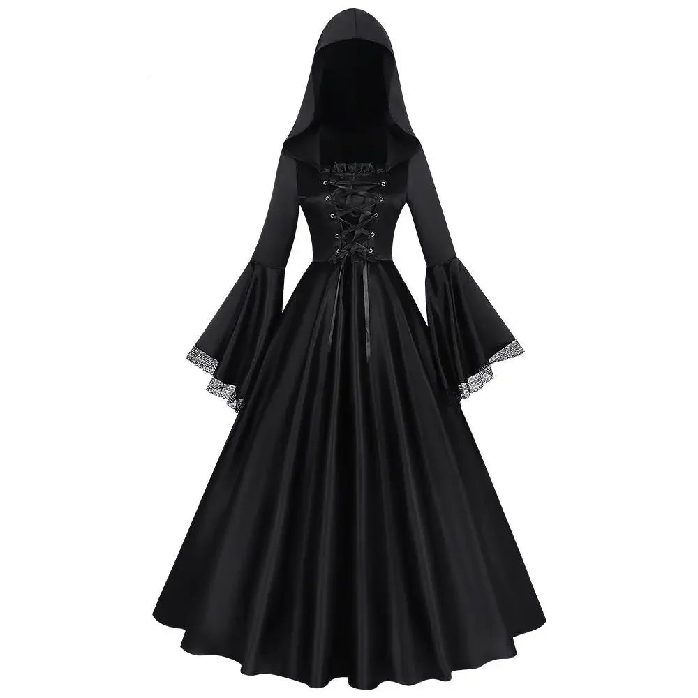 Gothic Hooded Witch Gown | Corset Lace-Up | Bell Sleeve Maxi Dress
