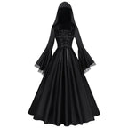 Gothic Hooded Witch Gown | Corset Lace-Up | Bell Sleeve Maxi Dress