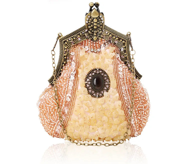 Retro Pearl & Sequin Beaded Clutch | Antique Gold Frame Bag