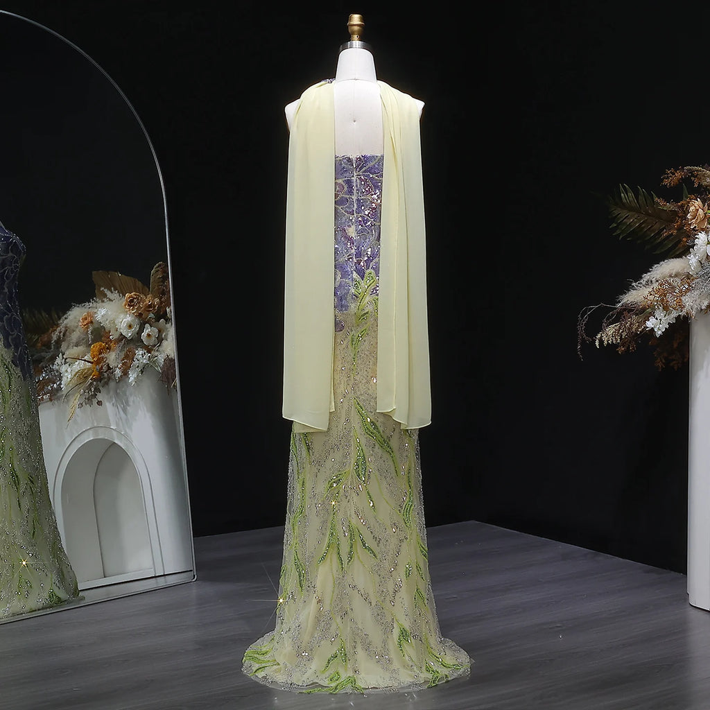 Beaded Mermaid Gown | Scarf | Fuchsia Green & Purple Green