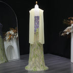 Beaded Mermaid Gown | Scarf | Fuchsia Green & Purple Green