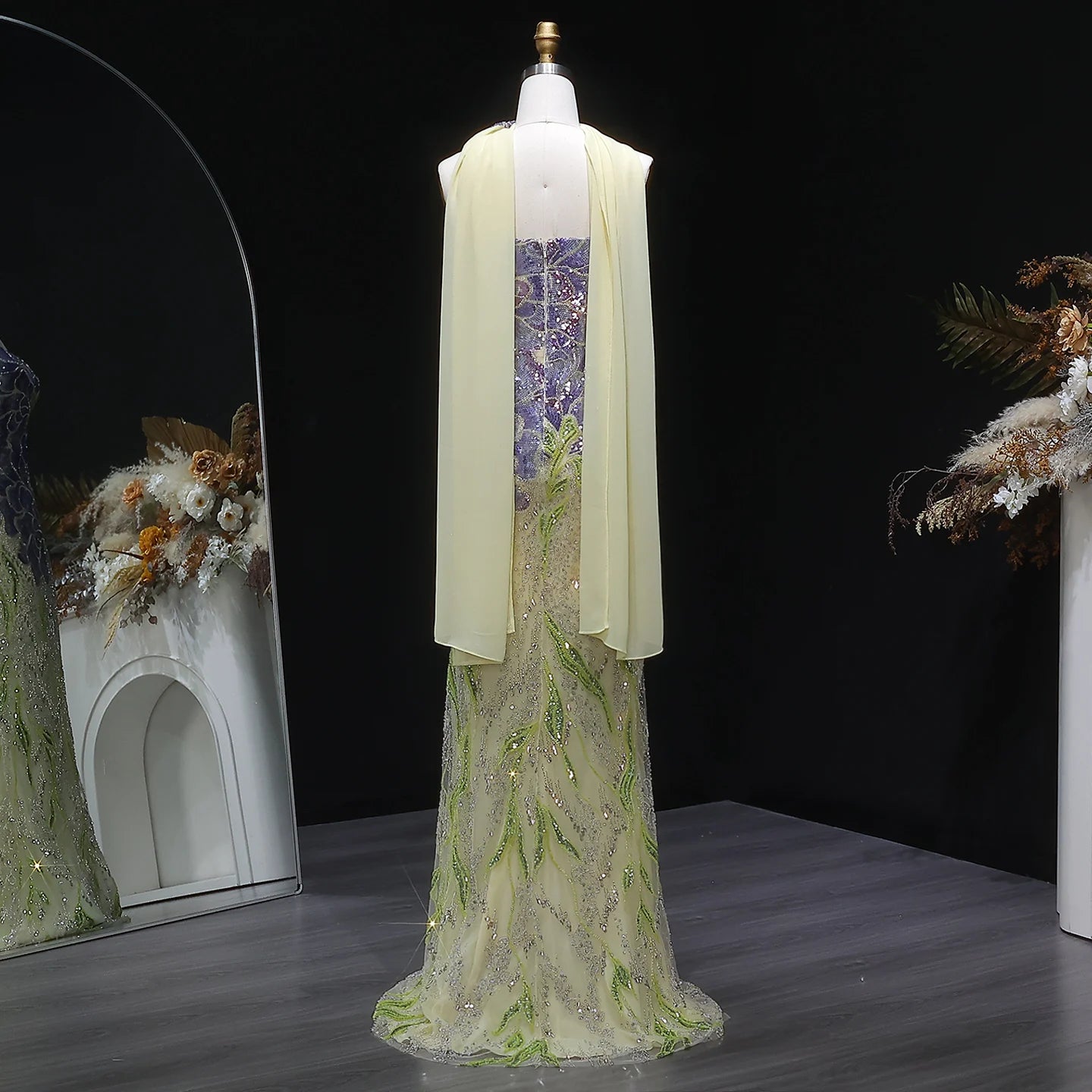 Beaded Mermaid Gown | Scarf | Fuchsia Green & Purple Green