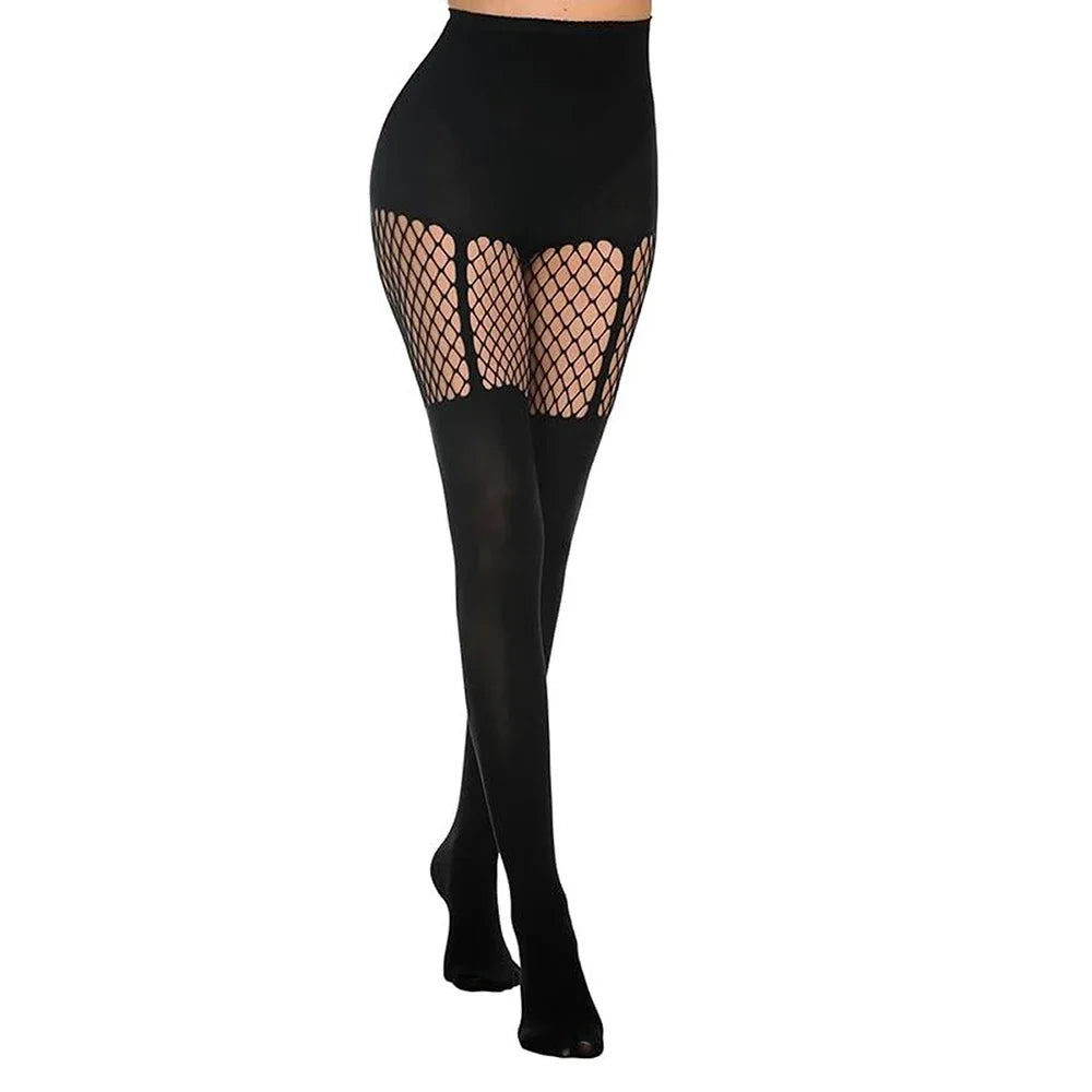 Black Hollow-Out Fishnet Tights | Stripe, Patchwork & Suspender | One Size