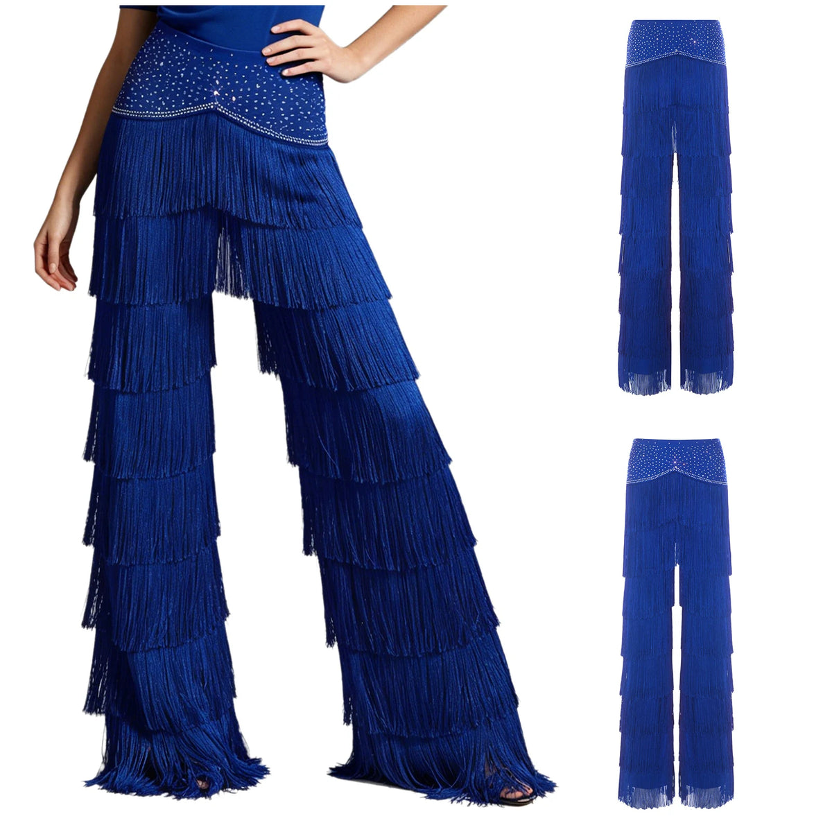 Fringe Tassel Latin Dance Pants | Rhinestone Waist | Straight Leg