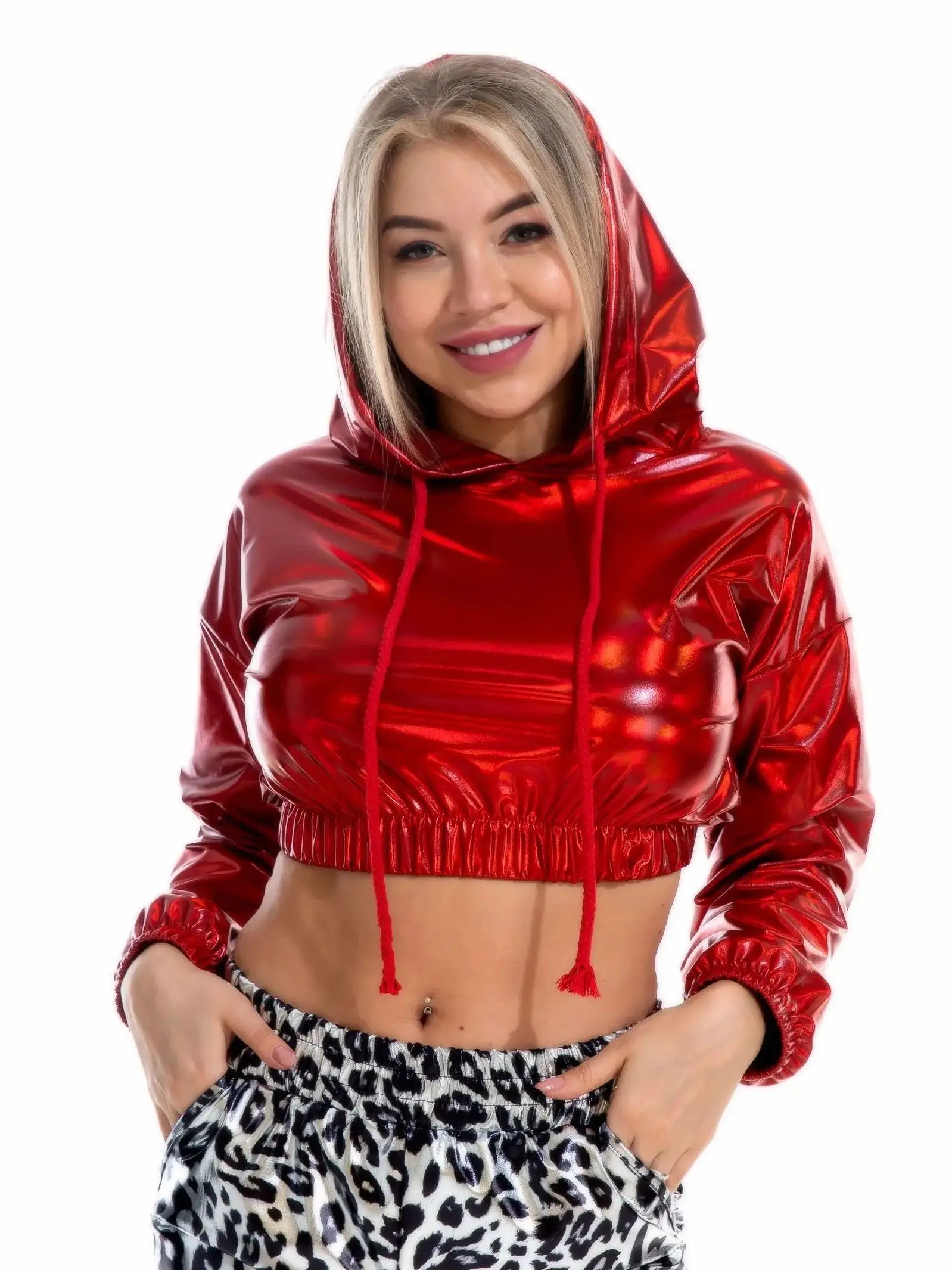 Holographic Crop Hoodie | Metallic Shiny | Drawstring