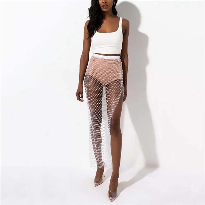 Rhinestone Fishnet Mesh Maxi Skirt - Sheer Split Beach Party Skirt