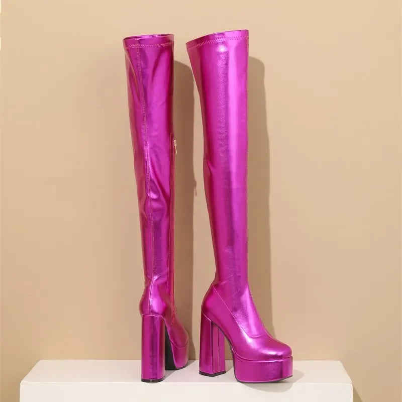Thigh-High Platform Boots | Metallic Stretch