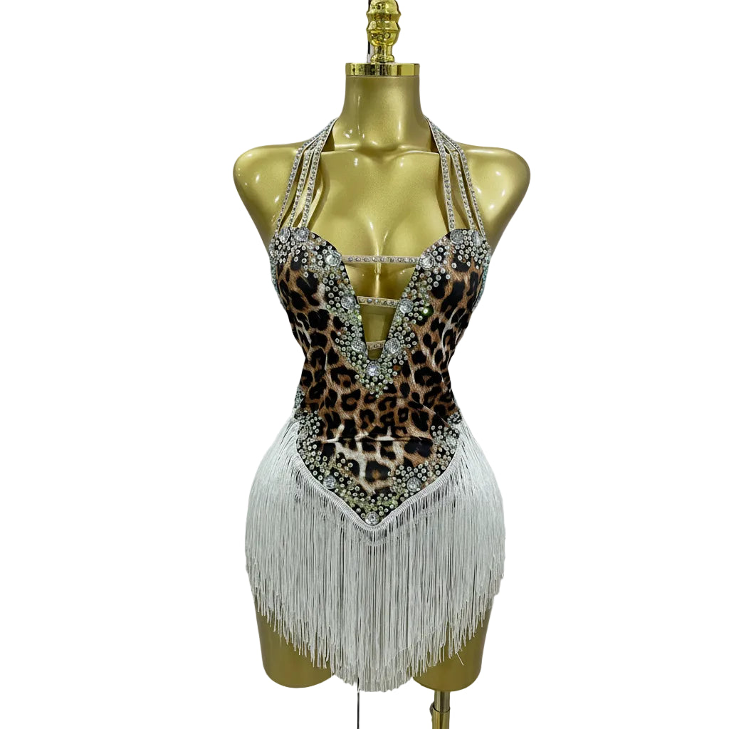 Leopard Print Rhinestone Tassel Bodysuit | Halter | S–XL