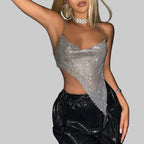 Rhinestone Metal Halter Crop Top - Backless V-Neck Camisole