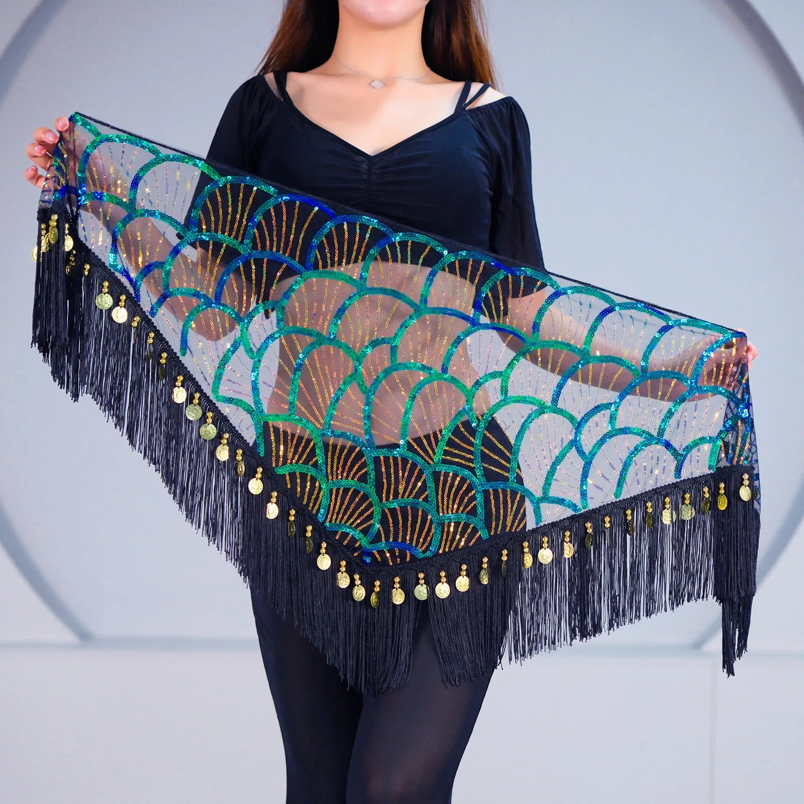 Belly Dance Hip Scarf | Sequin Fringe | Gold Coins