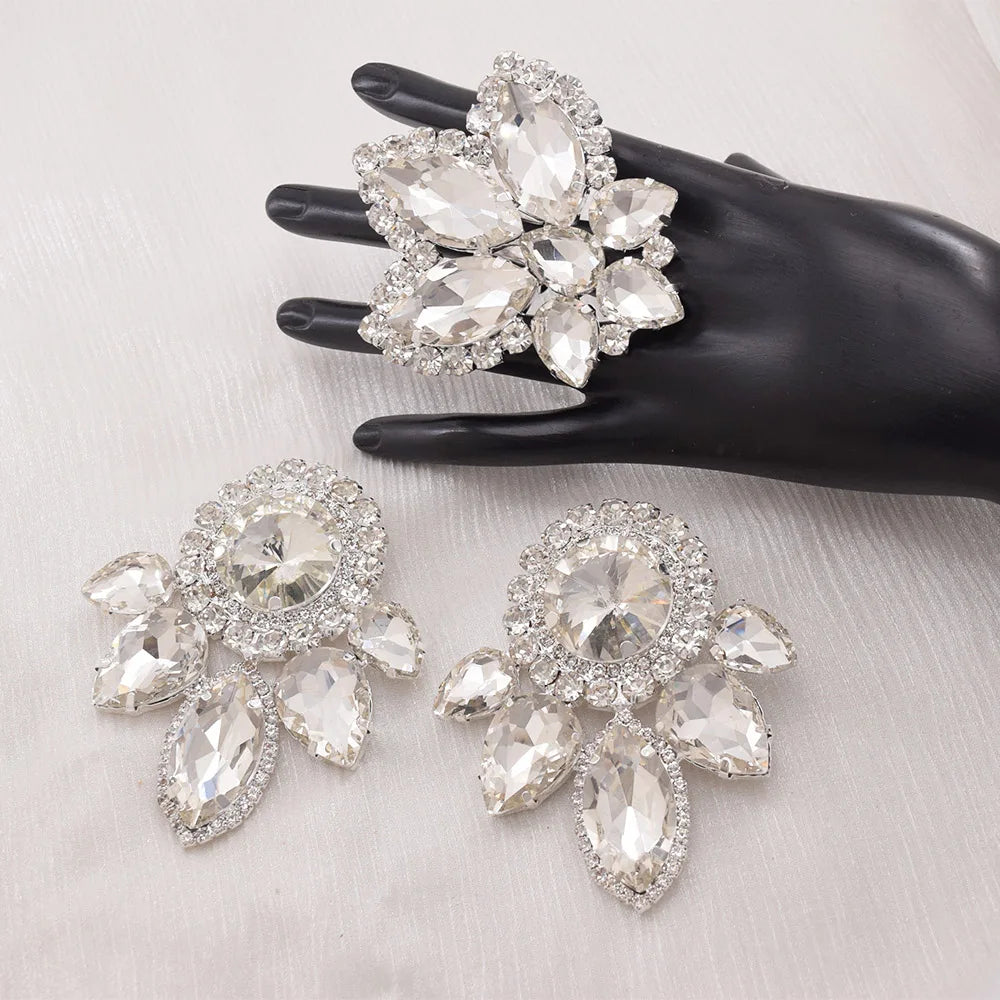 Rhinestone Earring & Ring Jewelry Set | Clip-On or Pin | 10 Colors
