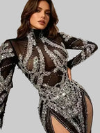 See Through Black Mesh Silver Sequins Mini Dress