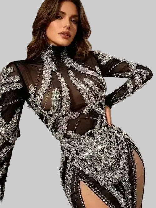 See Through Black Mesh Silver Sequins Mini Dress