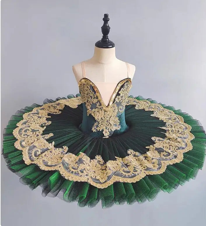 Professional Pancake Ballet Tutu | Gold Lace | Green & Purple