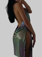 Sparkly Metal Sequin Halter Mini Dress - Backless Side Split Party Dress