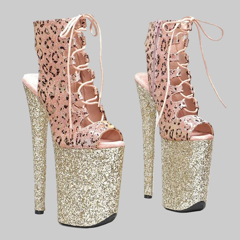 Leopard Glitter 9-Inch Platform Open-Toe Pole Dance Boots
