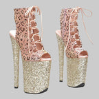 Leopard Glitter 9-Inch Platform Open-Toe Pole Dance Boots