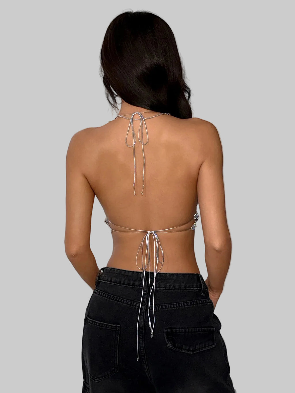 Metal Sequin Bandage Halter Crop Top - Deep V Backless Camisole