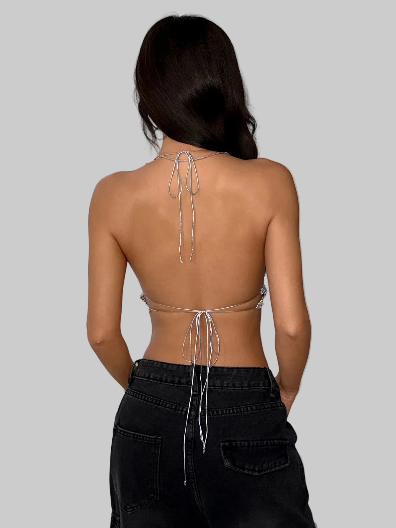 Metal Sequin Bandage Halter Crop Top - Deep V Backless Camisole