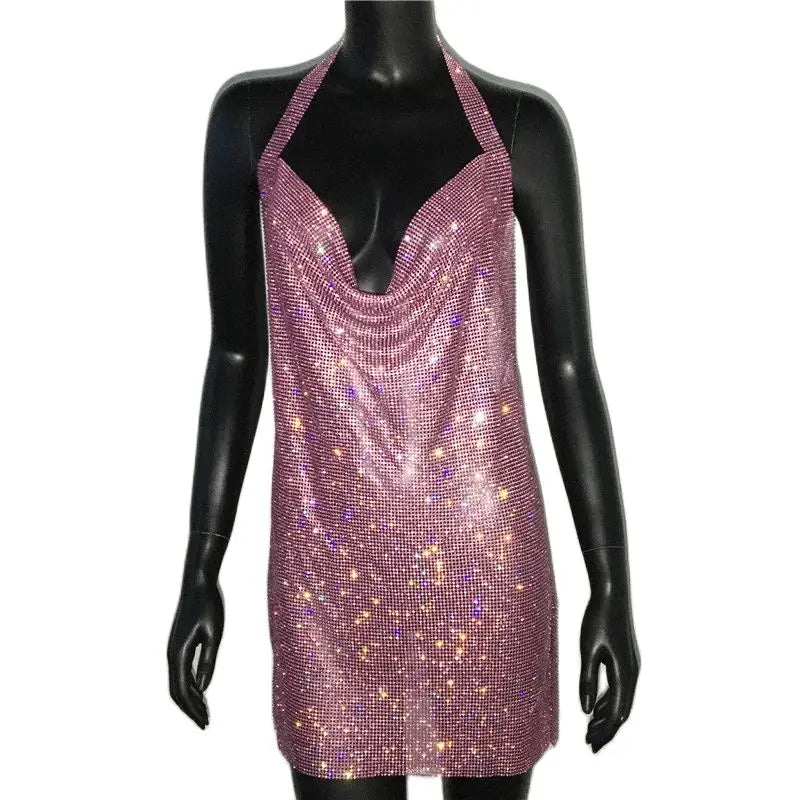 Crystal Rhinestone Halter Mini Dress - Backless Metal Mesh Cocktail Dress