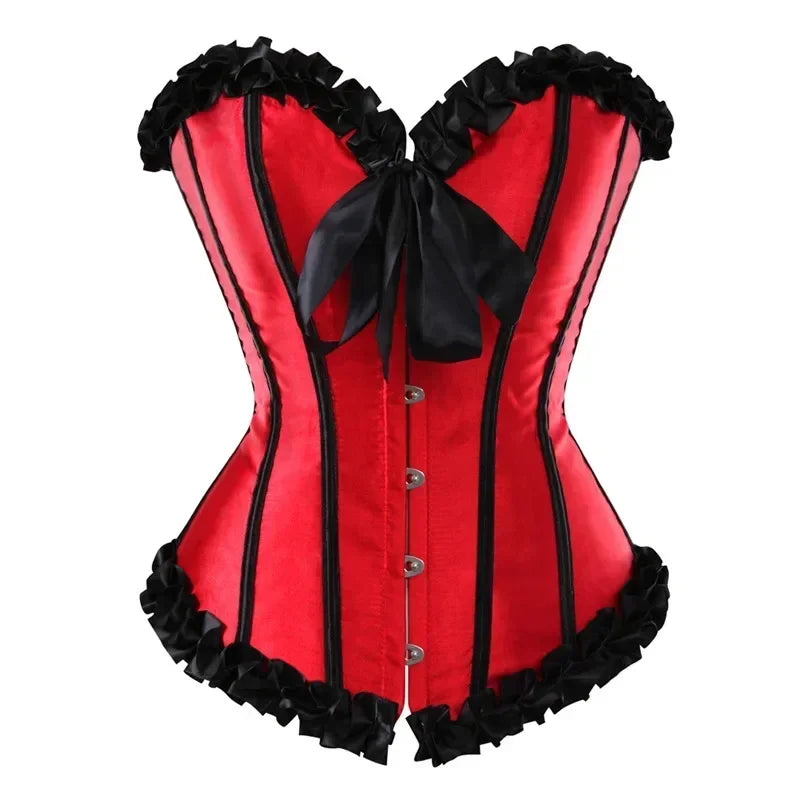 Satin Overbust Corset | Ruffle Trim | Lace-Up Back