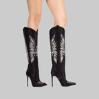 Denim Western Cowboy Boots - Embroidered Stiletto Heel Ankle Boots