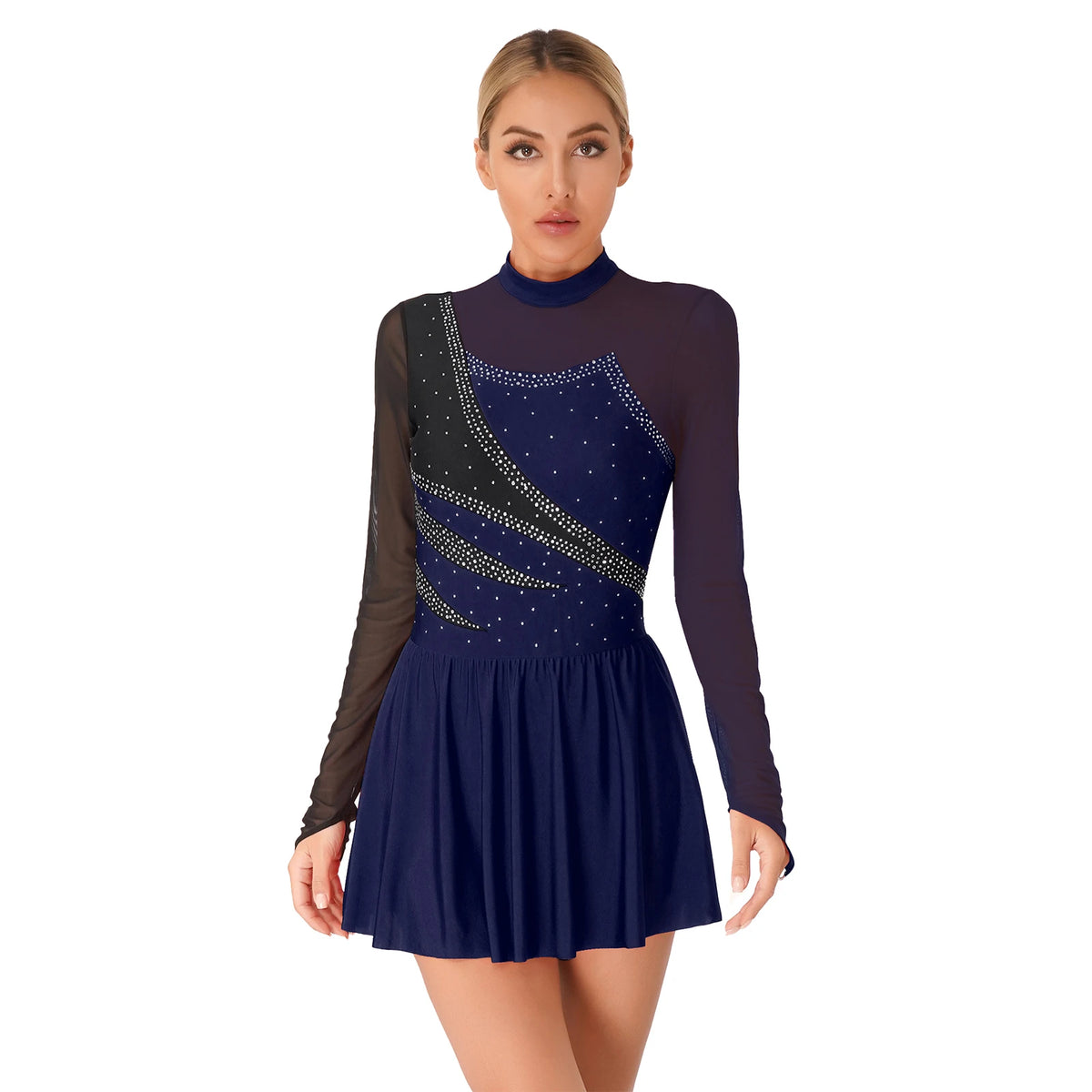 Rhinestone Skating Dress | Mesh Skirt | Long Sleeve