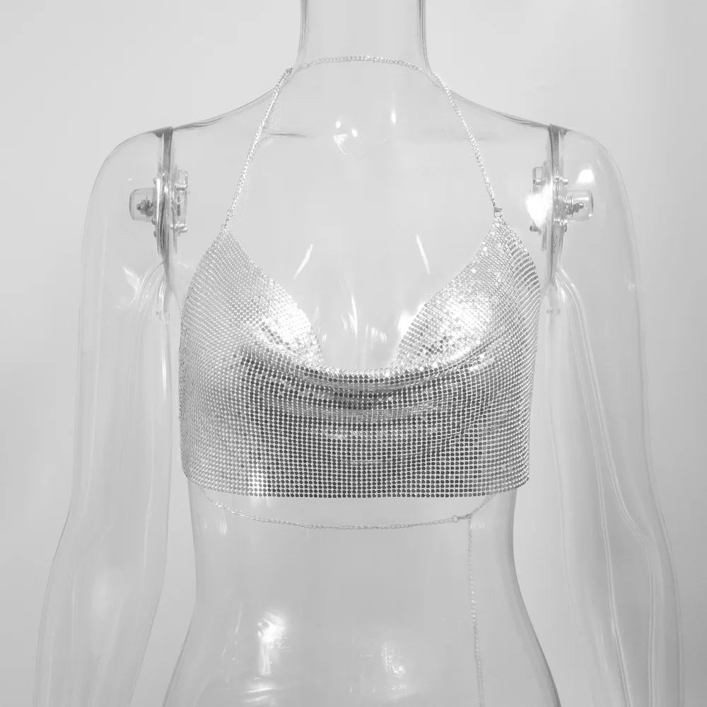 Metallic Sequin Halter Crop Top - V-Neck Backless