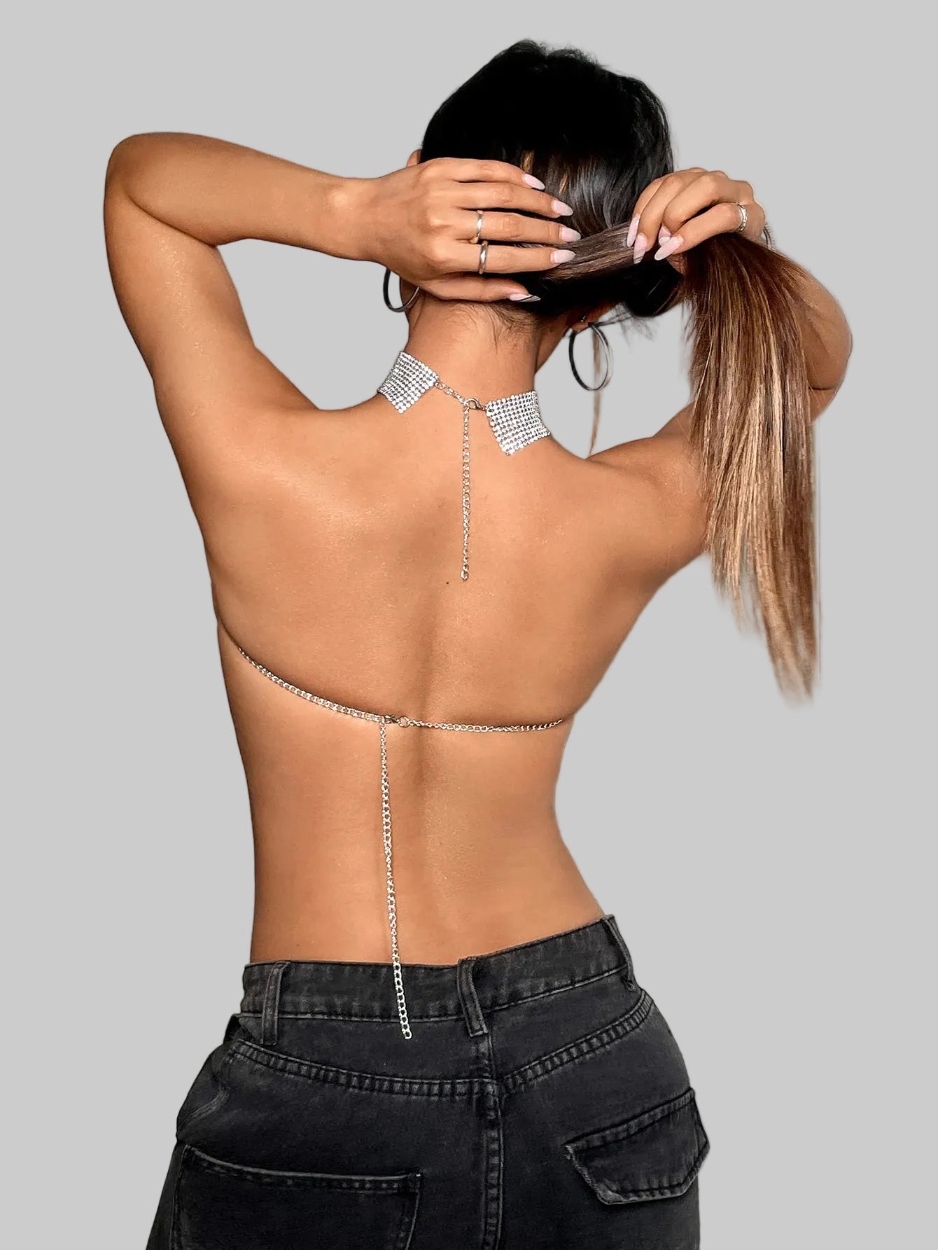 Rhinestone Metal Halter Crop Top - Backless Chain Tank