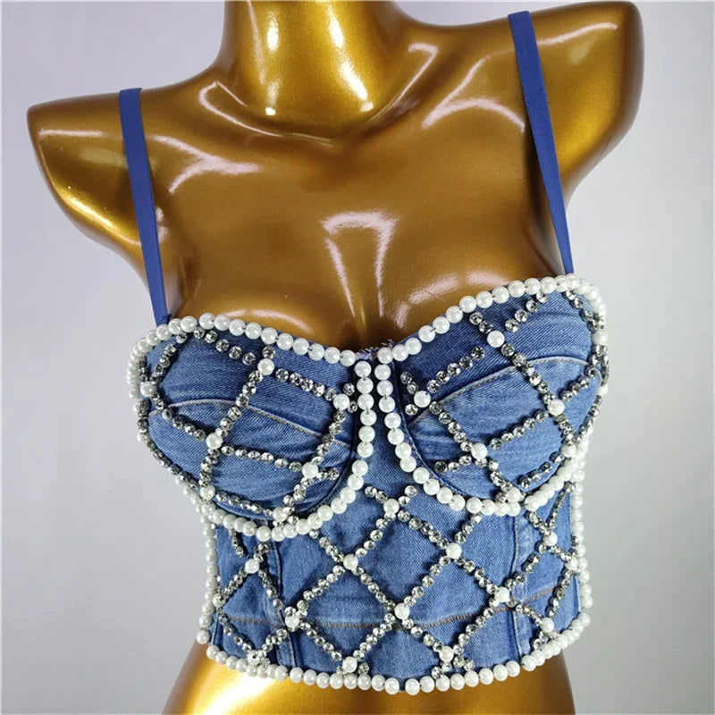 Rhinestone Beaded Bustier Bra Top | Stage & Party