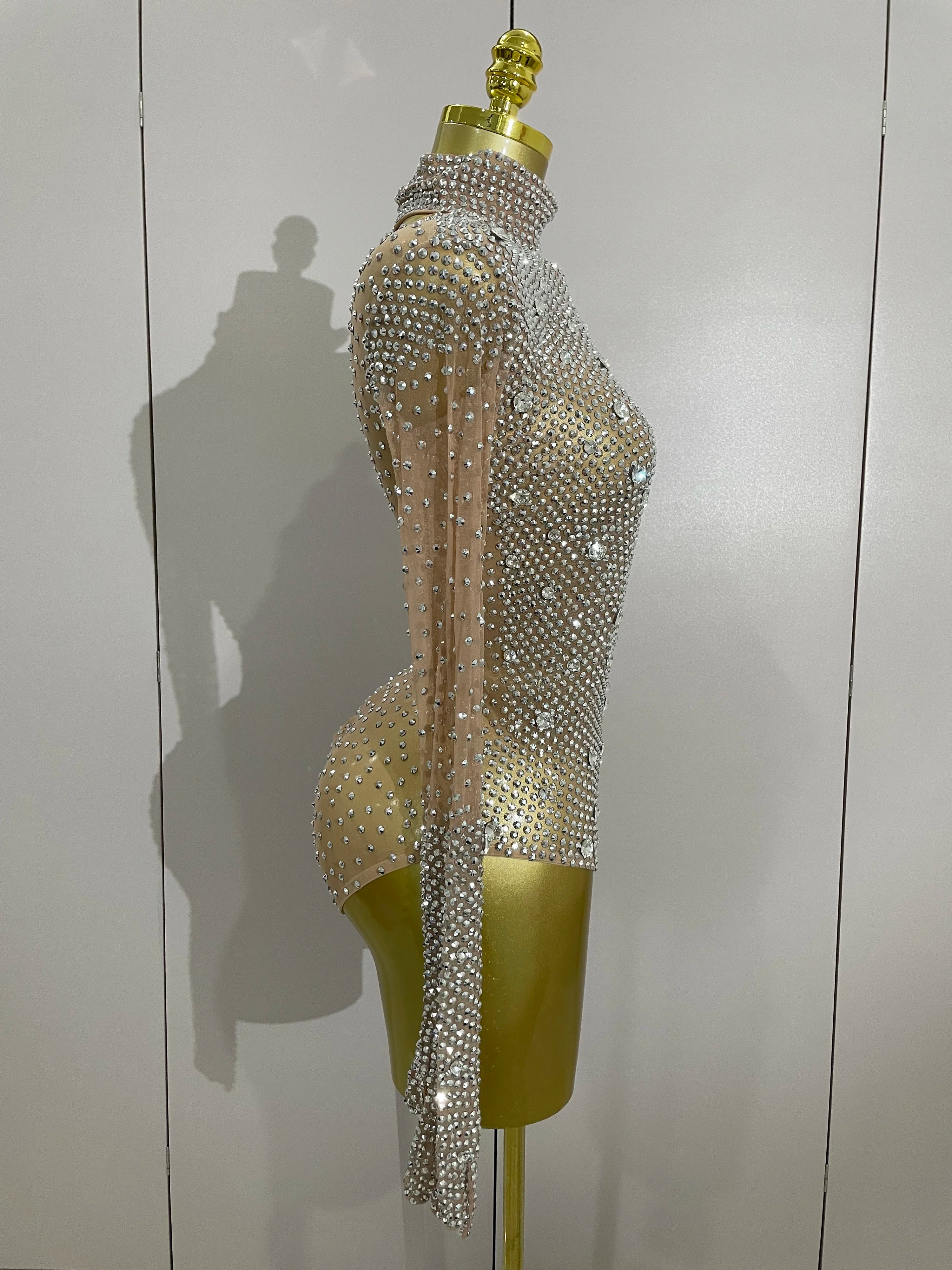 Rhinestone Mesh Bodysuit | Long Sleeve & Gloves | S–XL