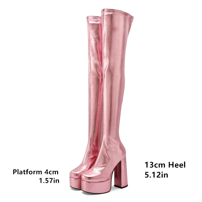 Thigh-High Platform Boots | Metallic Stretch