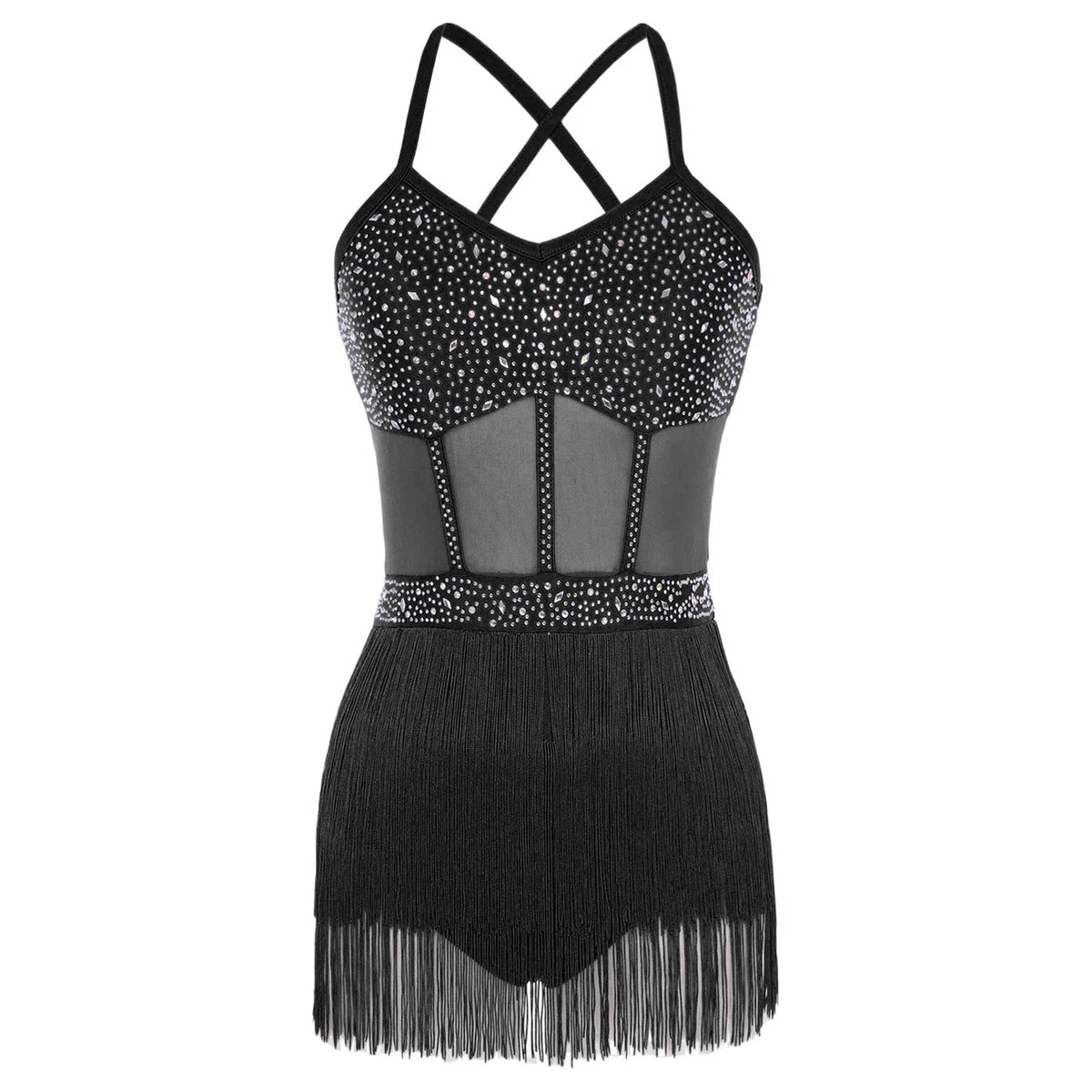 Women's Rhinestone Fringe Latin Dance Dress | Sheer Mesh & Tiered Tassel Skirt | Includes Arm Gloves