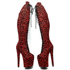 8-Inch Leopard Print Platform Boots - Thigh-High Suede Dance Boots