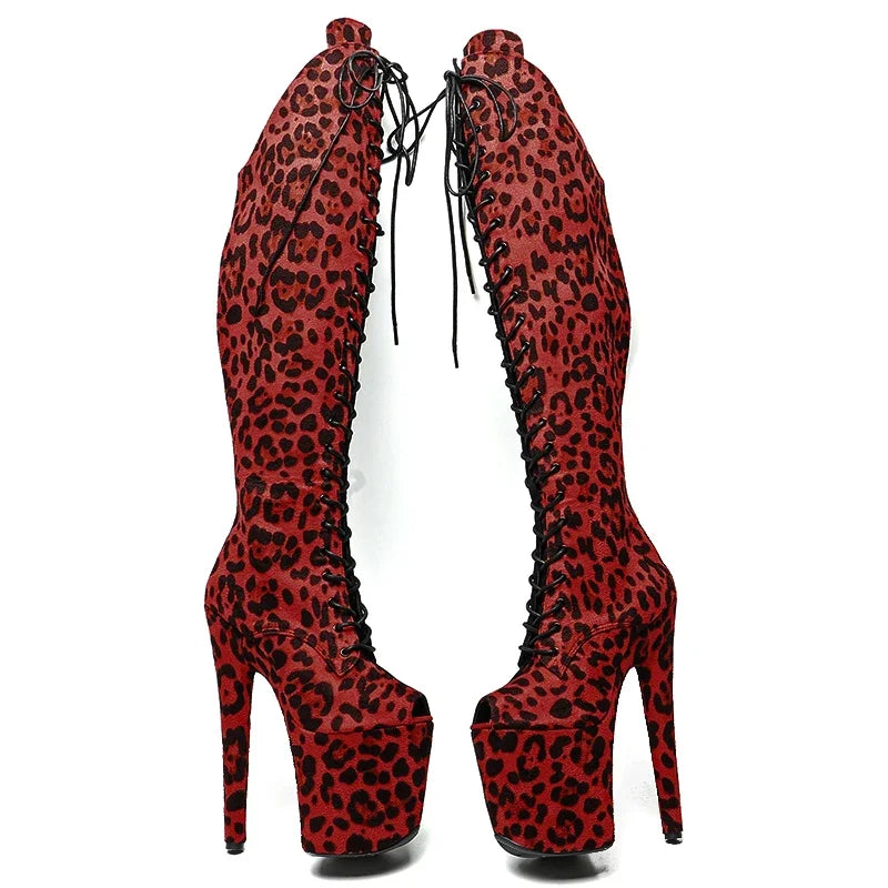 8-Inch Leopard Print Platform Boots - Thigh-High Suede Dance Boots
