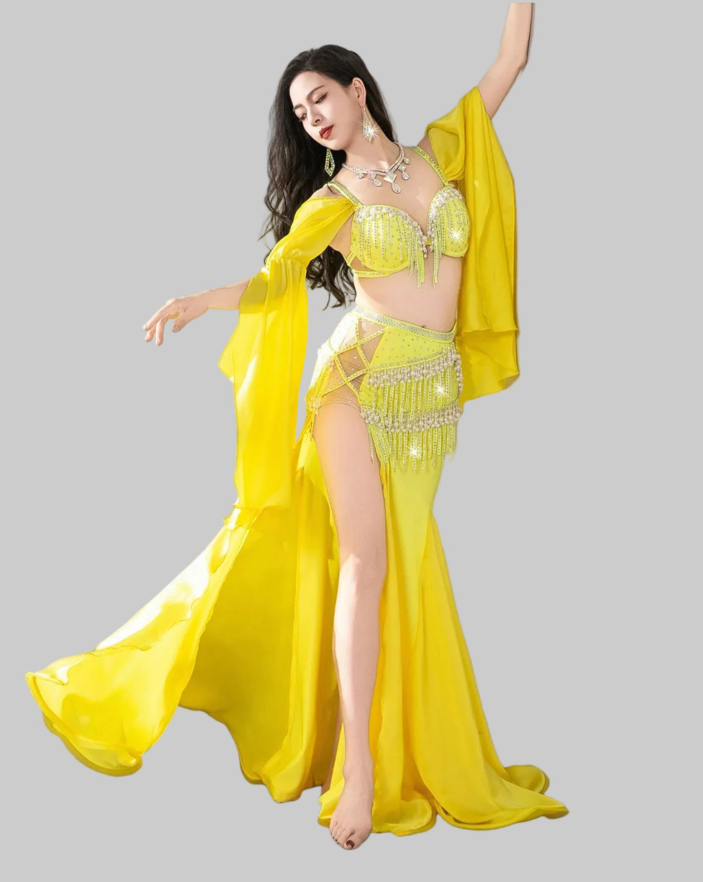 Egyptian Belly Dance Costume - Crystal Beaded Bra, Skirt & Sleeves Set