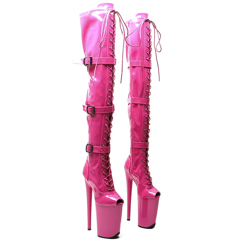 9-Inch Patent Platform Boots - Thigh-High Open Toe Dance Boots