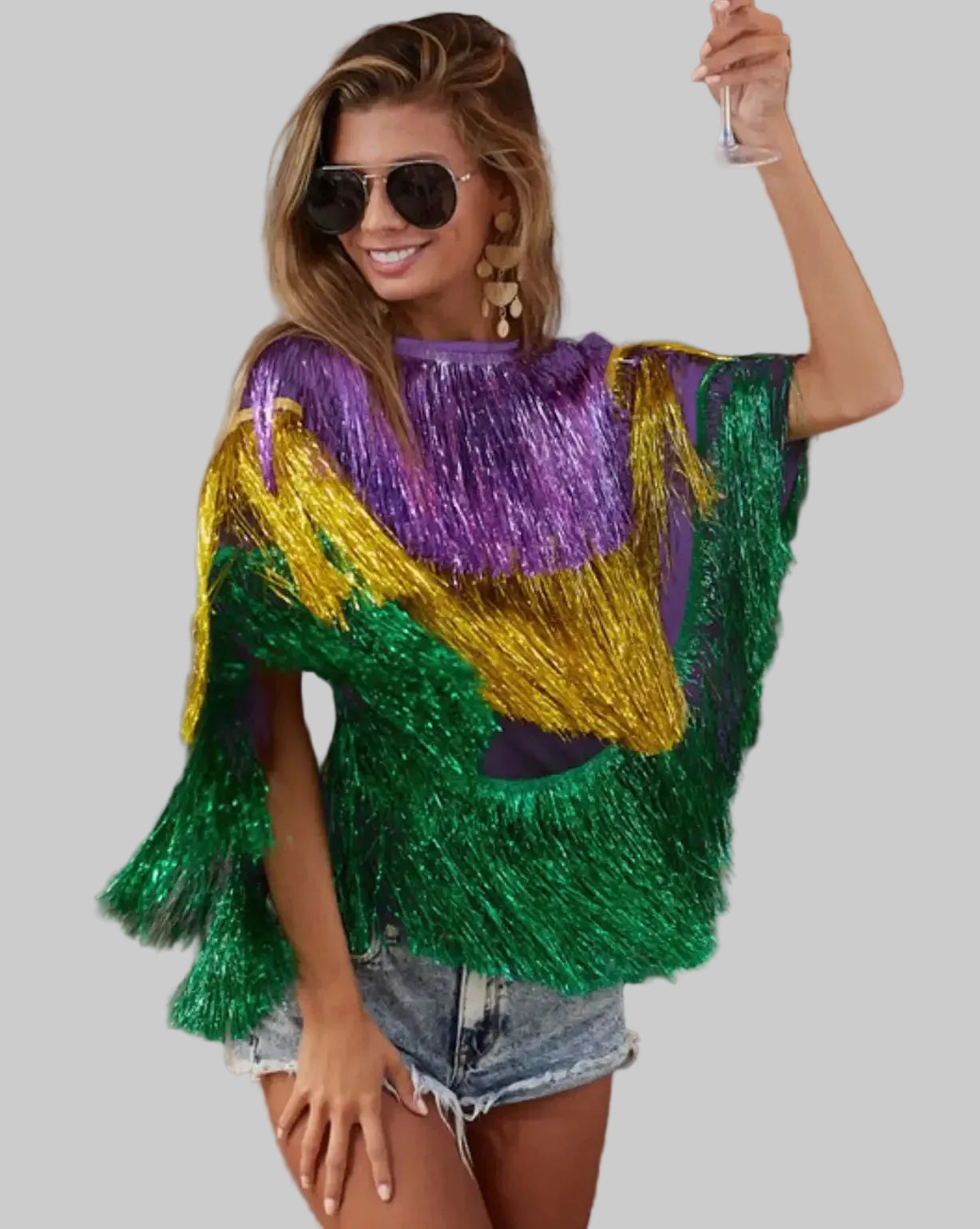Dazzling Mardi Gras Sequin Fringe Poncho Top & Skirt Set - Stage & Festival Wear