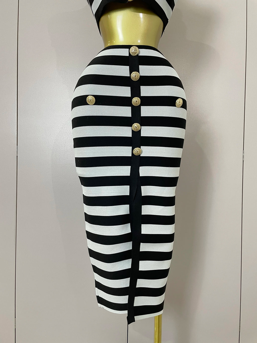 Stripe Button Two-Piece Set | Crop Top & Skirt | Stage